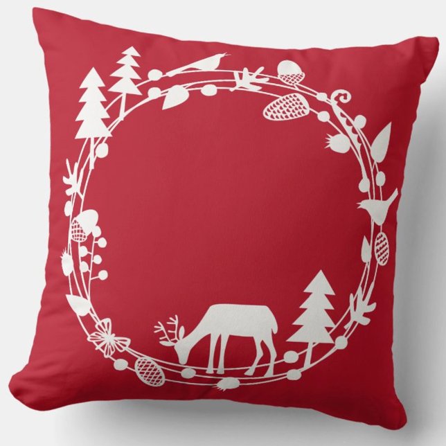 Deer Forest Circle Winter Holidays Cushion (Red and white deer in woodland pillow)