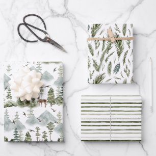 Deer Forest Green & Stripes Holiday Wrapping Paper Sheet
