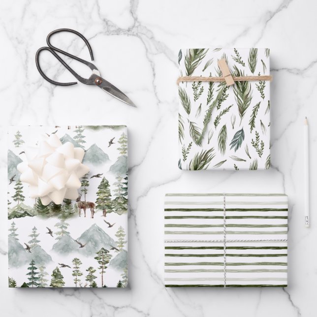 Deer Forest Green & Stripes Holiday Wrapping Paper Sheet (Front)