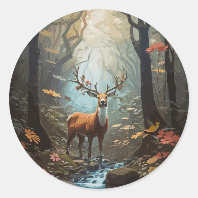 deer forest illustration classic round sticker (Front)