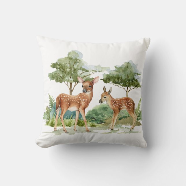 Deer Forest Scene Throw Pillow (Front)