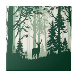 Deer Forest Silhouette Nature Scene Ceramic Tile