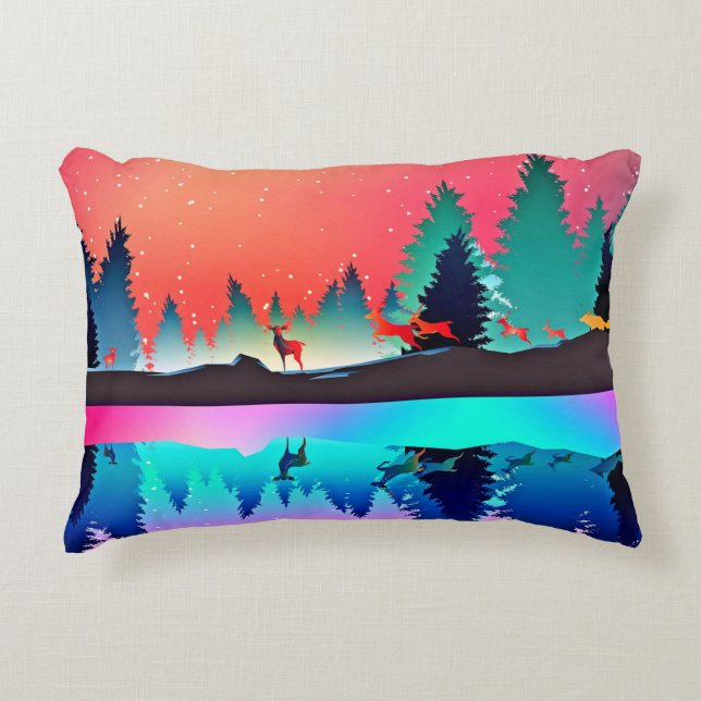 Deer forest woodland mountain aurora borealis  decorative cushion (Front)