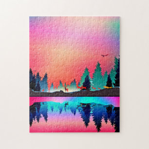 Deer forest woodland mountain aurora borealis  jigsaw puzzle