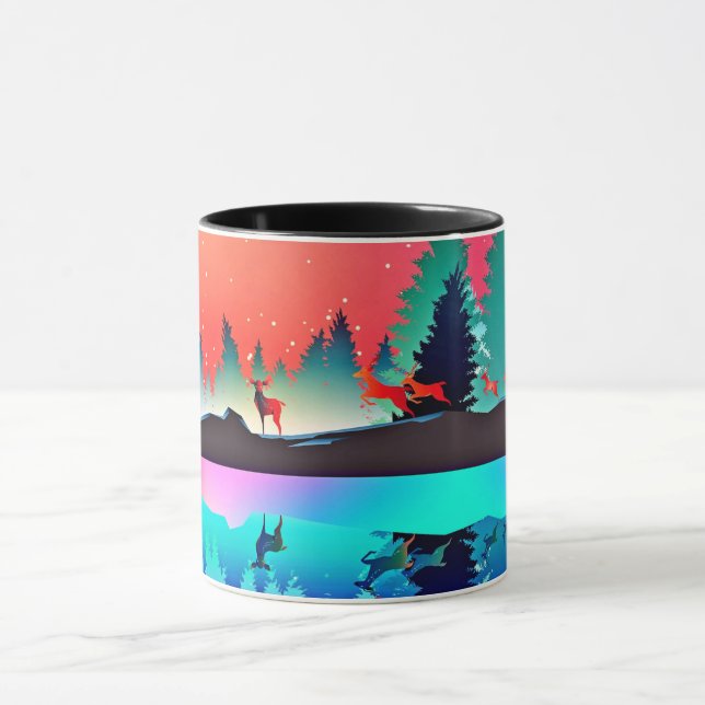 Deer forest woodland mountain aurora borealis  mug (Center)
