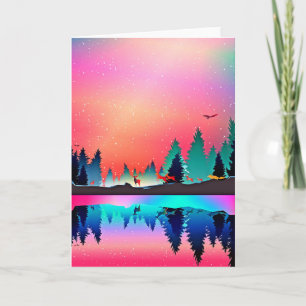 Deer forest woodland mountain aurora card