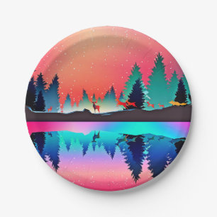 Deer forest woodland mountain aurora paper plate