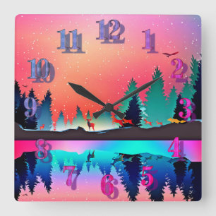 Deer forest woodland mountain aurora square wall clock