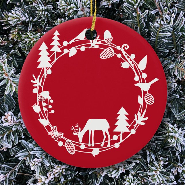 Deer Forest Wreath Ceramic Ornament (Scandinavian red and white forest wreath ornament)