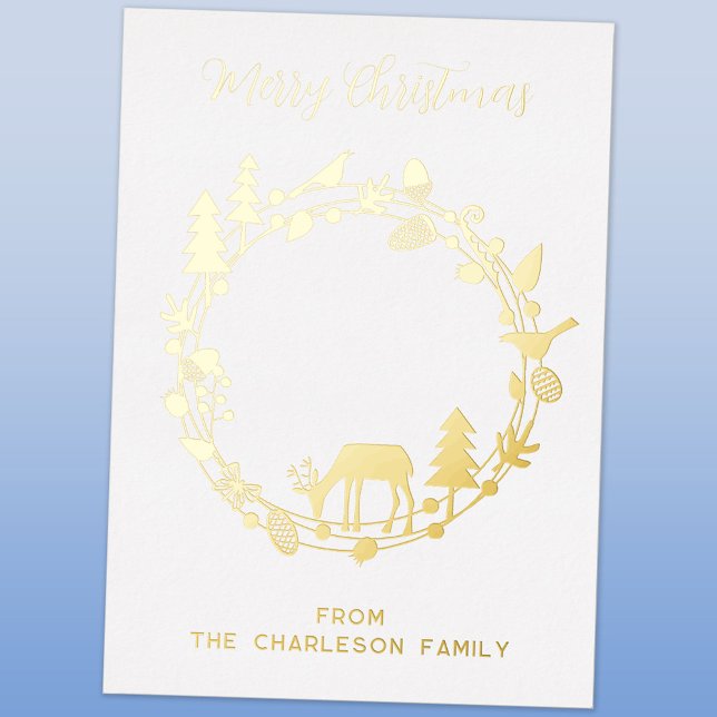 Deer Forest Wreath Holiday Real Foil Card (Deer in the forest wreath Scandinavian style personalized foil card)