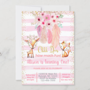 Deer, fox, dream catcher girl birthday invitation. invitation