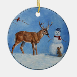 Deer & Funny Snowman Christmas Ceramic Ornament