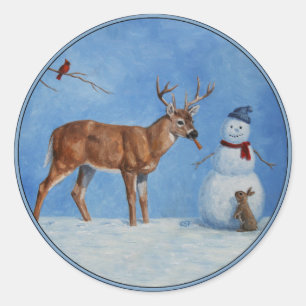 Deer & Funny Snowman Christmas Classic Round Sticker