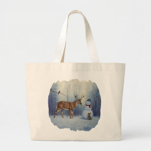 Deer & Funny Snowman Christmas Large Tote Bag