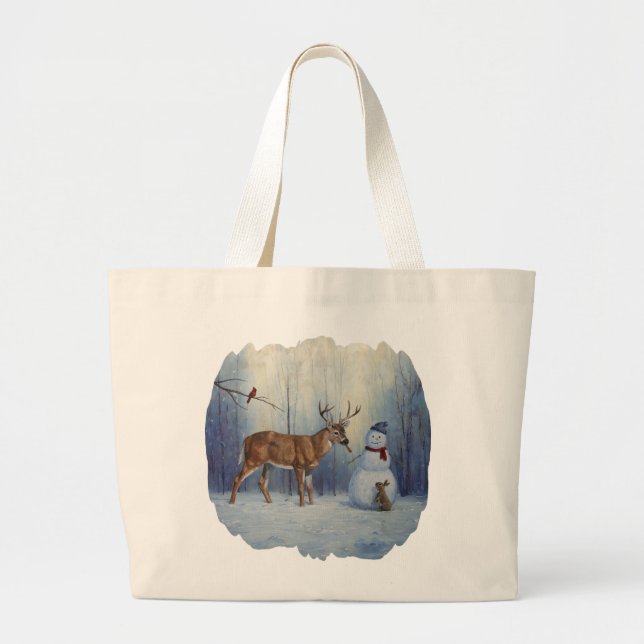Deer & Funny Snowman Christmas Large Tote Bag (Front)