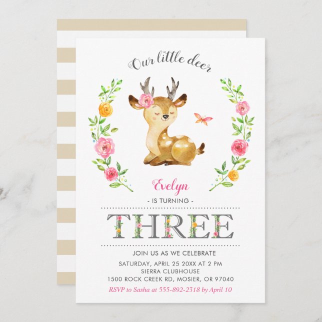 Deer Girl Woodland Floral Kids 3rd Third Birthday Invitation (Front/Back)