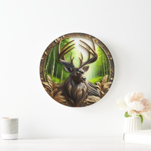 Deer Grazing Into The Forest Large Clock