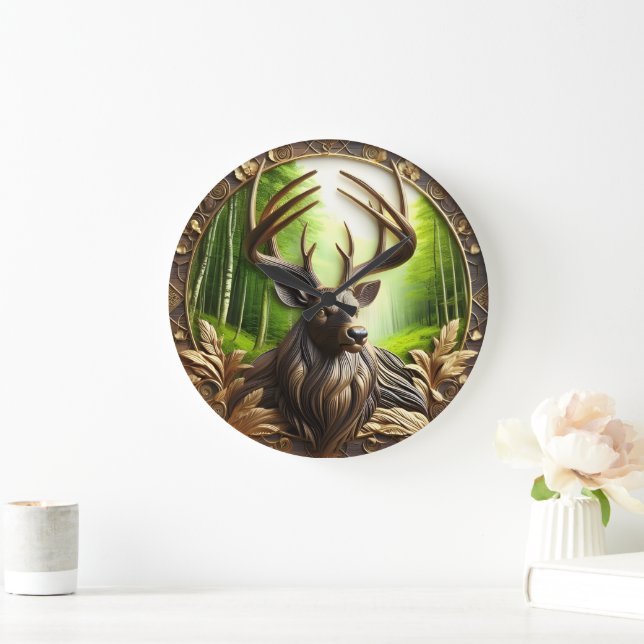 Deer Grazing Into The Forest Large Clock (Home)