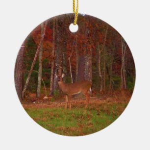 Deer , Green Grass red and Gold leaves Ceramic Ornament