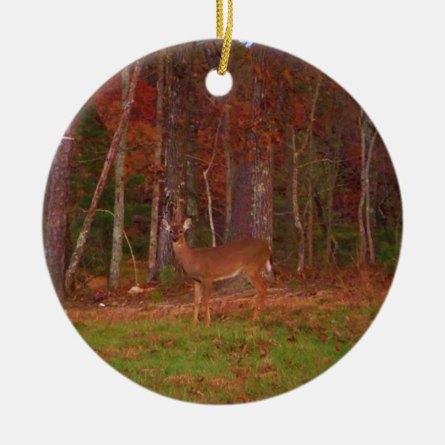 Deer , Green Grass red and Gold leaves Ceramic Ornament (Front)
