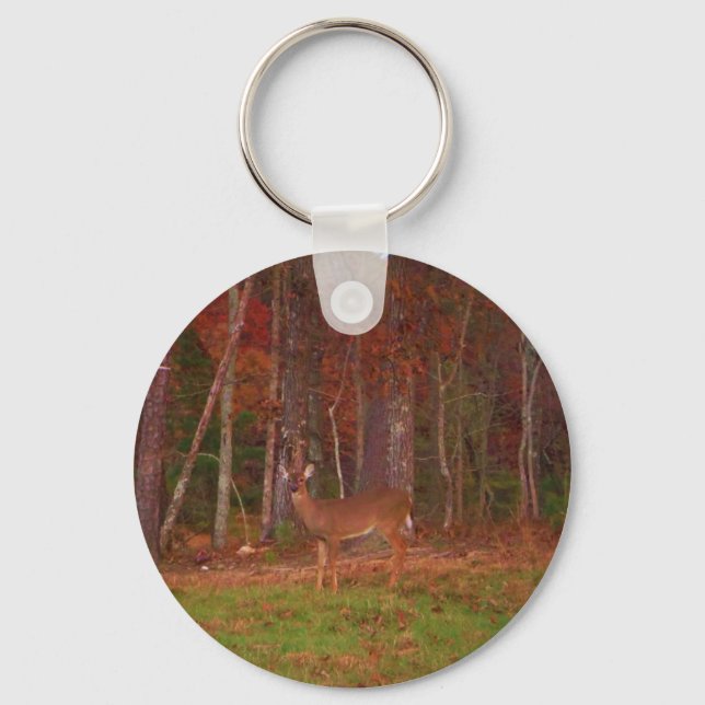 Deer, Green Grass red and Gold Leaves Key Ring (Front)