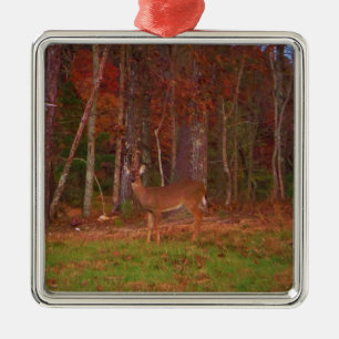 Deer , Green Grass red and Gold leaves Metal Ornament