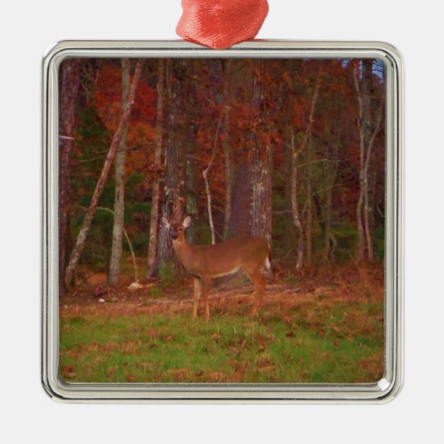 Deer , Green Grass red and Gold leaves Metal Ornament (Front)