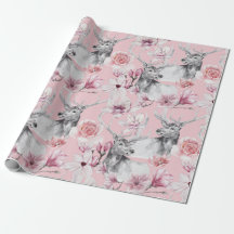 Deer grey pink peonies floral wrapping paper