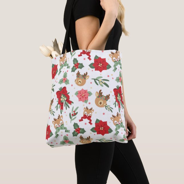 Deer Happy Tan Holiday Plants Pattern Tote Bag (Close Up)