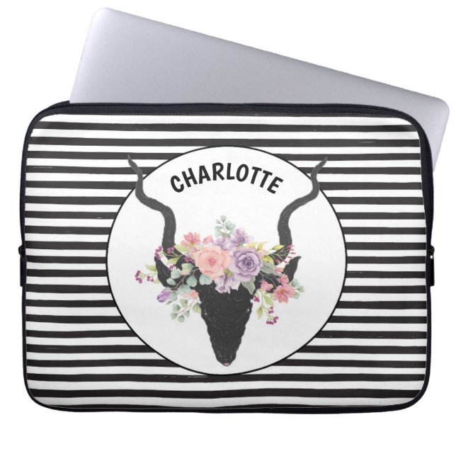 Deer head and roses personalised laptop sleeve (Front)