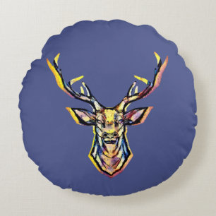 Deer head as a colorful picture in watercolor round cushion