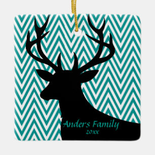Deer Head Chevron   teal black Ceramic Ornament