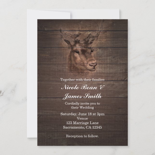 Deer Head & Dark Rustic Wood Wedding Invitations (Front)