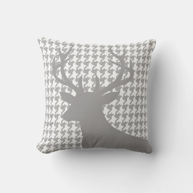 Deer Head Houndstooth | grey white Cushion (Front)