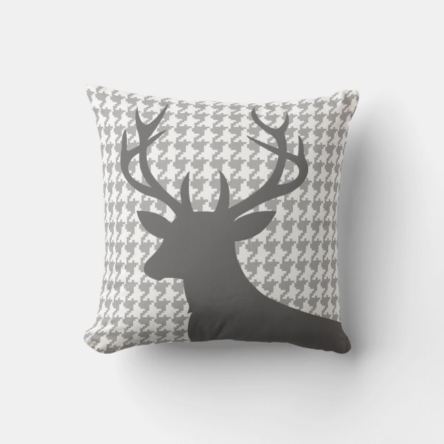 Deer Head Houndstooth | grey white Cushion (Front)