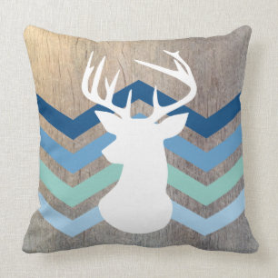 Deer Head Modern Chevron Wood Texture Blue Cushion