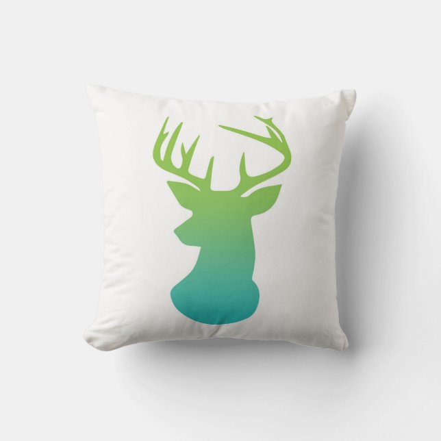 Deer Head Modern Ombre Watercolor Green and Blue Cushion (Front)