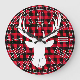 Deer Head Monogram Buffalo Plaid Large Clock