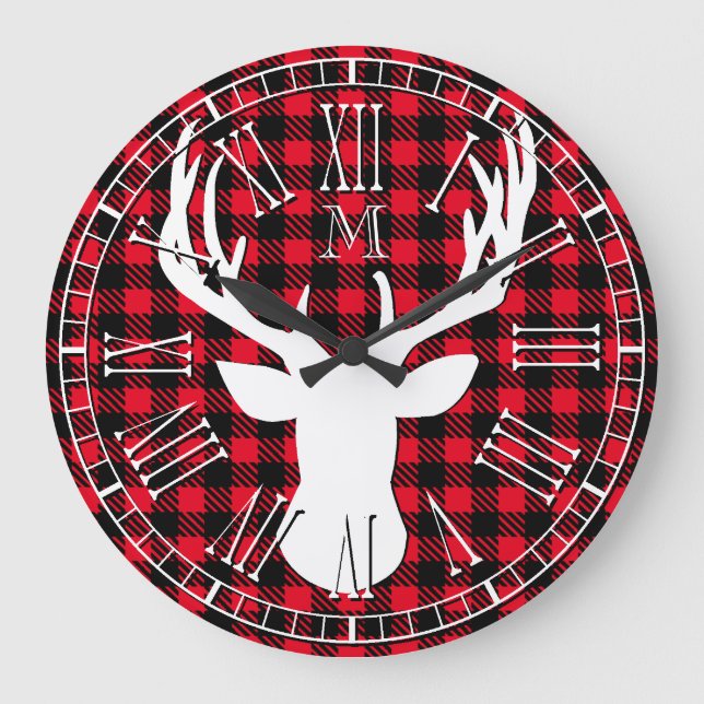 Deer Head Monogram Buffalo Plaid Large Clock (Front)
