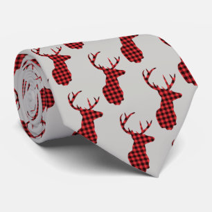Deer Head - Rustic Red Plaid Pattern Tie