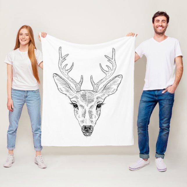 Deer Head - Simple Line Art Sketch Illustration Fleece Blanket (In Situ)