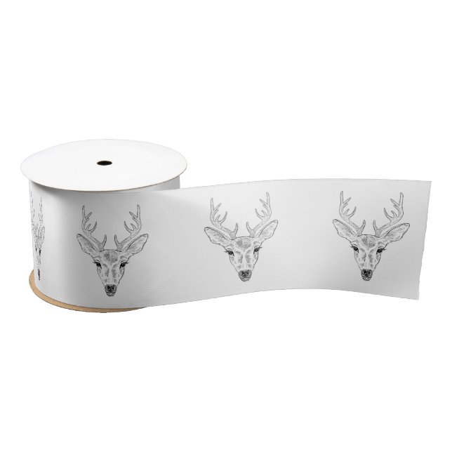 Deer Head - Simple Line Art Sketch Illustration Satin Ribbon (Spool)