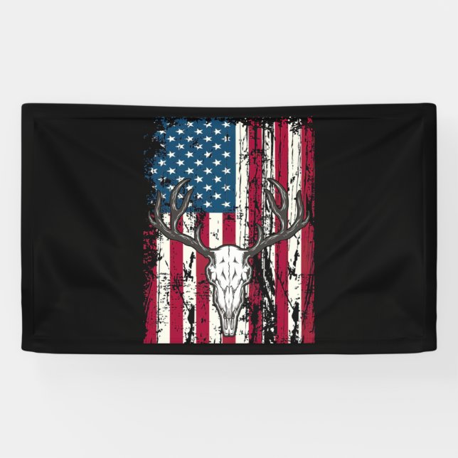 Deer Head Skull Hunting American Flag Banner (Horizontal)