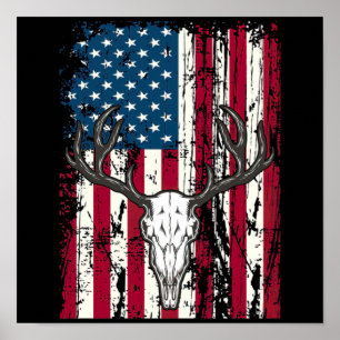 Deer Head Skull Hunting American Flag Poster