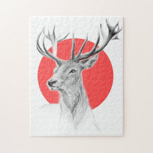 Deer head Stag drawing Red circle Animal art Jigsaw Puzzle