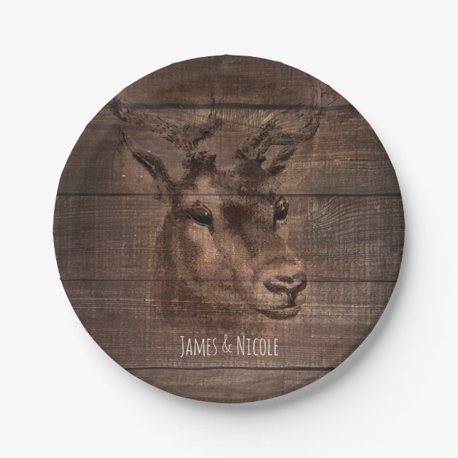 Deer Head String Lights & Wood Wedding Party Paper Plate (Front)
