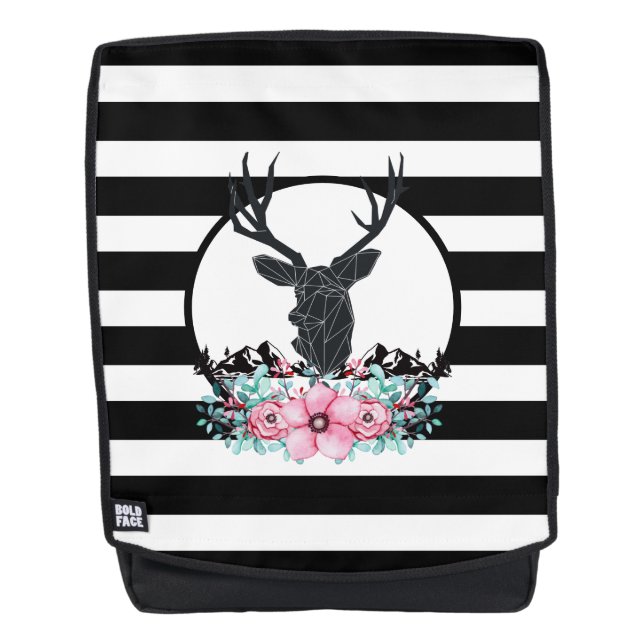 Deer Head w/ Flowers & Mountains & Black Stripes Backpack (Front)