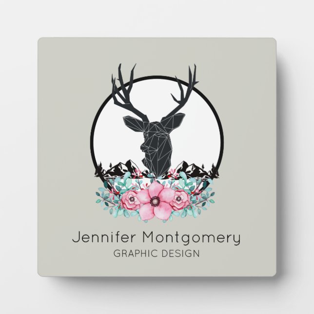 Deer Head w/ Flowers & Mountains Name & Title Plaque (Front)