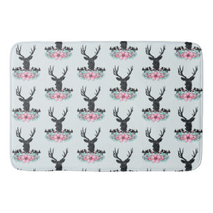 Deer Head w/ Flowers & Mountains Pattern Bath Mat
