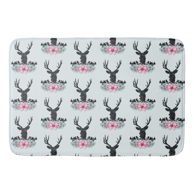 Deer Head w/ Flowers & Mountains Pattern Bath Mat (Front)